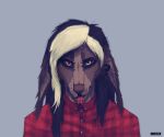  anthro artist_name black_hair black_sclera blonde_hair blue_background bridge_piercing brown_body brown_fur brown_nose bust_portrait canid clothed clothing ears_down eyebrow_piercing facial_piercing female forked_tongue front_view fur hair light_hair looking_at_viewer mammal multicolored_eyes multicolored_hair nose_piercing piercing pivoted_ears portrait red_clothing red_eyes red_tongue red_topwear simple_background solo tongue tongue_out tongue_piercing tongue_stud topwear two_tone_eyes two_tone_hair unknowhiter yellow_eyes 