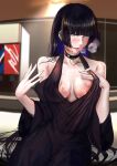  1girl absurdres bangs black_choker black_dress black_hair blunt_bangs bocchi_the_rock! breasts breath choker cleavage dress highres jdep long_hair looking_at_viewer lower_teeth_only nipple_slip nipples open_mouth pa-san solo teeth upper_teeth_only 