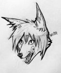  ambiguous_gender anthro canid cheek_tuft facial_piercing facial_tuft fangs glistening glistening_eyes headshot_portrait licking licking_lips licking_own_lips lip_piercing lip_stud mammal monochrome open_mouth piercing portrait pupils signature slit_pupils solo teeth tongue tongue_out tongue_piercing tongue_stud traditional_media_(artwork) tuft unknowhiter 