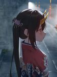  1girl absurdres blurry blurry_background brown_hair cherry_blossoms flower from_side hair_flower hair_ornament highres horns japanese_clothes kimono long_hair looking_away mr-shin original outdoors parted_lips pink_flower print_kimono red_kimono solo upper_body yellow_eyes 