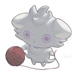  closed_mouth commentary_request espurr expressionless full_body grey_fur highres no_humans pokemon pokemon_(creature) purple_eyes sameniku_umai simple_background solo standing white_background yarn yarn_ball 