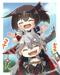  +++ 2girls :d ^_^ antenna_hair azur_lane bangs black_hair carrying closed_eyes commentary_request crossover earrings grey_hair hair_between_eyes hakuryuu_(azur_lane) japanese_clothes jewelry kaga_(kancolle) kantai_collection long_hair long_sleeves looking_at_viewer multiple_girls outstretched_arms piggyback side_ponytail sidelocks smile spread_arms taisa_(kari) tasuki wide_sleeves 