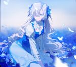  1girl absurdres arm_support blue_dress blue_eyes blue_hair dress expressionless feet_out_of_frame field flower flower_field hair_flower hair_ornament hair_over_one_eye highres isekai_joucho kamitsubaki_studio light_particles multicolored_hair nemophila_(flower) parted_lips sitting sketch solo two-tone_dress two-tone_hair virtual_youtuber walluka white_dress white_hair 