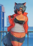  anthro blue_body blue_fur blue_hair bottomwear bra brand_new_animal breasts brown_body brown_fur building canid canine city clothed clothing crescent0100 day facial_markings fangs female fur genitals hair head_markings hi_res jacket looking_at_viewer mammal markings mask_(marking) michiru_kagemori open_clothing open_jacket open_mouth open_topwear outside partially_clothed pussy raccoon_dog shirt shorts shorts_down sky skyscraper solo studio_trigger tank_top tanuki teeth topwear underwear 