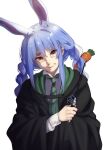  1girl animal_ear_fluff animal_ears black_robe blue_hair braid carrot_hair_ornament closed_mouth collared_shirt food-themed_hair_ornament green_necktie grylls_kuma hair_ornament hand_up harry_potter_(series) hikimayu hogwarts_legacy hogwarts_school_uniform holding holding_wand hololive hood hood_down hooded_robe long_hair long_sleeves looking_at_viewer multicolored_hair necktie rabbit_ears robe school_uniform shirt simple_background slytherin solo twin_braids upper_body usada_pekora virtual_youtuber wand white_background white_hair white_shirt yellow_eyes 