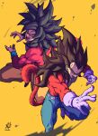  2boys absurdres black_hair blue_eyes body_fur denim dougi dragon_ball dragon_ball_gt fighting_stance highres incoming_attack jeans liedein monkey_boy monkey_tail multiple_boys muscular muscular_male pants red_fur son_goku spiked_hair super_saiyan super_saiyan_4 tail topless_male vegeta yellow_eyes 