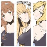  3girls back blonde_hair blue_eyes breasts brooklyn_(kancolle) brown_eyes brown_hair collarbone competition_swimsuit headgear helena_(kancolle) honolulu_(kancolle) kantai_collection long_hair looking_at_viewer medium_breasts multiple_girls one-piece_swimsuit swimsuit taira_yuuki upper_body 
