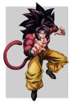  absurdres bangs black_hair clenched_hands dougi dragon_ball dragon_ball_gt fighting_stance highres looking_at_viewer male_focus monkey_boy monkey_tail muscular muscular_male pants smirk solo son_goku spiked_hair standing super_saiyan super_saiyan_4 tail yellow_eyes yellow_pants yuuri_(fukuroudou) 