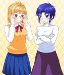  2girls :3 arcueid_brunestud arcueid_brunestud_(cosplay) bespectacled blonde_hair blue_eyes blue_hair blue_skirt breasts ciel_(tsukihime) ciel_(tsukihime)_(cosplay) commentary_request cosplay costume_switch crossed_arms frown glasses lo_lis long_skirt medium_breasts medium_hair medium_skirt multiple_girls no_eyewear pleated_skirt purple_skirt red_eyes school_uniform short_hair skirt small_breasts smile sweater_vest tsukihime turtleneck 