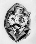  anthro bust_portrait cheek_tuft clothed clothing eyewear facial_hair facial_tuft felid hat headgear headwear male mammal monochrome monocle mustache portrait pupils signature simple_background slit_pupils solo suit traditional_media_(artwork) tuft unknowhiter 