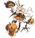  1girl :d animal_ears azur_lane benson_(azur_lane) benson_(cutie_pumpkin_pie)_(azur_lane) black_corset black_thighhighs blonde_hair breasts brown_eyes brown_footwear cleavage closed_eyes corset crescent_moon demon_wings detached_sleeves eagle_union_(emblem) fake_animal_ears hair_ribbon halloween_costume hao_(patinnko) hat head_wings highres holding holding_staff jack-o&#039;-lantern long_hair low_twintails medium_breasts moon official_alternate_costume official_art one_eye_closed open_mouth orange_ribbon orange_shorts pointing pointing_at_self puffy_short_sleeves puffy_shorts puffy_sleeves pumpkin ribbon short_sleeves shorts sidelocks silk smile solo spider_web staff thighhighs tress_ribbon twintails white_sleeves wings witch_hat wrist_cuffs 