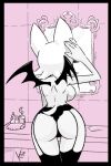  bat bathroom butt clothed clothing female kiseki_art lingerie mammal mirror monochrome rouge_the_bat sega solo sonic_the_hedgehog_(series) topless wings 
