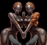  2girls android atomic_heart breasts colored_skin faceless futanari grey_skin holding_hands huge_breasts left_(atomic_heart) looking_at_viewer multiple_girls non-web_source right_(atomic_heart) robot robot_girl siblings sisters third-party_edit twins 