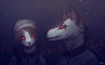  anthro artist_name black_nose brown_hair canid clothed clothing duo felid female fur grey_clothing grey_hat grey_headwear grey_jacket grey_topwear hair hat headgear headwear jacket male mammal mouth_closed no_sclera red_eyes simple_background topwear unknowhiter white_body white_fur 