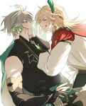  2boys ^_^ ahoge alhaitham_(genshin_impact) bangs black_gloves black_shirt blonde_hair blush braid cape closed_eyes commentary_request earrings elbow_gloves eye_contact eyelashes feather_hair_ornament feathers forced_smile gem genshin_impact gloves gold_trim green_cape green_eyes green_gemstone green_hair grey_hair grin hair_ornament hands_up highres jewelry kaveh_(genshin_impact) long_hair long_sleeves looking_at_another male_focus mouth_pull multicolored_hair multiple_boys parted_bangs partially_fingerless_gloves poyapoya_c profile red_cape shirt short_hair shoulder_cape sidelocks simple_background sleeveless sleeveless_shirt smile swept_bangs teeth upper_body v-shaped_eyebrows white_background white_shirt 