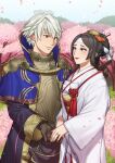  1boy 1girl alternate_costume alternate_hairstyle armor bangs black_eyes black_gloves black_hair black_robe blush breastplate brown_eyes cherry_blossoms closed_mouth commentary commission english_commentary fire_emblem fire_emblem_awakening flower gloves gold_trim grey_hair hair_between_eyes hiomaika holding_hands japanese_clothes jewelry kimono lips lipstick long_hair looking_at_another makeup official_alternate_costume outdoors petals pink_flower red_lips ring robe robin_(fire_emblem) robin_(male)_(fire_emblem) say&#039;ri_(fire_emblem) short_hair sky smile tree twitter_username uchikake wedding wedding_ring white_kimono 
