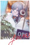 1girl bangs black_hair black_shirt blue_eyes blue_hair cafe colored_inner_hair cup english_text glasses hair_between_eyes headphones highres holding holding_cup jacket long_sleeves looking_at_viewer low_twintails multicolored_hair nijisanji nishikikope off_shoulder open_sign parted_lips plant polaroid ponto_nei shirt sitting sleeveless sleeveless_shirt storefront streaked_hair table teacup twintails virtual_youtuber white_jacket 