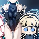  1boy 1girl ^_^ arona&#039;s_sensei_doodle_(blue_archive) ass_visible_through_thighs bare_shoulders black_gloves blonde_hair blue_archive blue_eyes blush_stickers breasts cameltoe chibi closed_eyes covered_navel double_v elbow_gloves fingerless_gloves gloves halo jazz_jack leotard licking lowres sensei_(blue_archive) toki_(blue_archive) tongue tongue_out v 