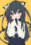  1girl :p animal_ears black_hair blue_skirt cat_ears cat_girl cat_tail chisuzu_mei chucolala high-waist_skirt long_hair long_sleeves looking_at_viewer orange_eyes sasakungoodsize shirt skirt sleeves_past_wrists tail tongue tongue_out virtual_youtuber white_shirt 