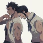  2boys abs aged_down arm_at_side arm_up bare_arms bare_shoulders black_hair blood blood_from_mouth clenched_teeth closed_eyes closed_mouth collared_shirt crying dripping highres injury leaning_forward looking_down male_focus monkey_d._garp multiple_boys one_piece open_clothes open_shirt ovasayuri scar scar_on_face scratches sengoku_(one_piece) shirt short_hair sideburns simple_background sleeveless sleeveless_shirt stomach teeth toned toned_male unhappy upper_body white_background white_shirt wing_collar 