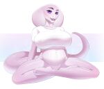  amur anthro big_breasts bottomwear breasts clothing female hi_res hotpants huge_breasts pink_body pink_scales purple_eyes reptile scales scalie shirt shorts snake solo syrilith tank_top topwear 