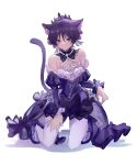  1boy 6550426719 absurdres bare_shoulders bishounen cat_tail crossdressing detached_sleeves dress genshin_impact highres looking_at_viewer male_focus puffy_sleeves purple_dress purple_hair scaramouche_(genshin_impact) sitting solo tail white_background 