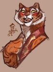  2022 absurd_res anthro black_eyebrows black_pupils black_stripes blush blush_lines bust_portrait cheek_tuft clothed clothed_anthro clothed_female clothing colored_sketch digital_drawing_(artwork) digital_media_(artwork) dreamworks eyebrows facial_tuft fangs felid female fingers fur fur_tuft glistening glistening_eyes hand_on_chest hand_on_own_chest head_turned hi_res kung_fu_panda looking_at_viewer mammal master_tigress no_irises open_mouth open_smile orange_body orange_fur pantherine pattern_clothing pattern_topwear pattern_vest portrait pupils red_clothing red_topwear red_vest shy signature simple_background sketch smile smiling_at_viewer solo squiddrz striped_body striped_fur stripes tan_background teeth thick_neck tiger tongue topwear tuft vest whiskers white_whiskers yellow_sclera 