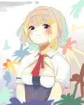  1girl absurdres alice_margatroid bangs blonde_hair blue_eyes blush breasts capelet closed_mouth hairband highres housulu leaf leaf_background medium_breasts necktie red_necktie short_hair smug solo touhou upper_body wing_collar 