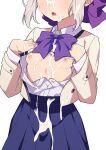  1girl blue_skirt blush bow breasts commission cum cum_on_body cum_on_breasts cum_on_clothes facial hair_bow head_out_of_frame hetero highres kanojo_mo_kanojo kiryuu_shino long_sleeves morisobo open_clothes open_mouth open_shirt purple_bow school_uniform shirt simple_background skeb_commission skirt small_breasts solo vest white_background white_shirt yellow_vest 