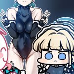  1boy 1girl :3 ^_^ arona&#039;s_sensei_doodle_(blue_archive) ass_visible_through_thighs bare_shoulders black_gloves blonde_hair blue_archive blue_eyes blush_stickers breasts cameltoe chibi closed_eyes covered_navel double_v elbow_gloves fingerless_gloves gloves halo jazz_jack leotard licking lowres sensei_(blue_archive) toki_(blue_archive) tongue tongue_out v 