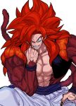  abs bangs biceps blue_eyes blue_sash brown_fur dragon_ball dragon_ball_gt fusion gogeta hand_on_own_face head_rest large_pectorals looking_at_viewer metamoran_vest monkey_boy monkey_tail muscular muscular_male nanika_(nnkgh) obliques pectorals red_hair sash sitting smirk solo super_saiyan super_saiyan_4 tail veins veiny_hands 