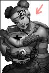  1girl apex_legends arrow_(symbol) belt black_border border d.o.c._health_drone double_bun earpiece gloves hair_behind_ear hair_bun head_tilt headband holding jui_(dirtybigrat) korean_commentary lifeline_(apex_legends) looking_at_viewer monochrome non-humanoid_robot pants parted_lips robot smile solo spot_color tank_top thick_lips unfinished white_background 