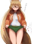  1girl absurdres animal_ears blonde_hair blush brown_hair commentary_request extra_ears ezo_red_fox_(kemono_friends) fox_ears fox_girl fox_tail fur_collar gakukuru gym_shirt hair_between_eyes highres jacket kemono_friends long_hair long_sleeves looking_at_viewer multicolored_hair official_alternate_costume panties parted_lips pink_panties shirt short_shorts shorts simple_background solo_focus tail translation_request underwear very_long_hair white_background yellow_eyes 