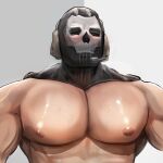  1boy bara blush call_of_duty call_of_duty:_modern_warfare_2 chest_hair ghost_(modern_warfare_2) grey_background headset highres large_pectorals male_focus mask muscular muscular_male nipples pectorals simple_background skull_mask sociopotato1 solo upper_body white_background 