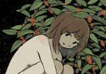  1girl absurdres bangs black_background black_eyes breasts brown_hair commentary_request completely_nude flower gold_osmanthus highres knees_to_chest leaf medium_hair nude orange_flower original parted_lips pinpon_sakana plant small_breasts solo upper_body 