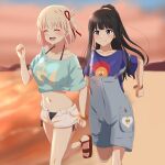  2girls :d ^_^ beach bikini bikini_under_clothes black_hair blonde_hair blush bracelet breasts clenched_hand closed_eyes closed_mouth commentary_request dars_(recolors) high_ponytail highres holding_hands inoue_takina jewelry large_breasts lycoris_recoil midriff multiple_girls navel nishikigi_chisato open_fly open_mouth orange_sky overalls running sandals shirt short_hair sky smile stomach strap_slip sunset swimsuit tied_shirt yuri 