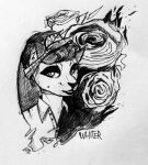 anthro bust_portrait clothed clothing felid female flower mammal monochrome narrowed_eyes plant portrait rose_(flower) signature smile solo topwear traditional_media_(artwork) unknowhiter wearing_hat 
