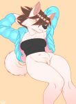  2023 anthro bottomless bottomless_female breasts canid canine canis cleavage clothed clothing domestic_dog female genitals hair hair_over_eye hi_res jacket korean_jindo landlord_(wick) lying mammal navel on_back one_eye_obstructed pussy solo spitz topwear tube_top wick_(artist) 
