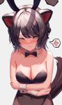  1girl @_@ absurdres ami_no_fuda anger_vein animal_ears arms_under_breasts bangs bare_shoulders black_bow black_bowtie black_hair black_leotard black_pantyhose blush bow bowtie breasts cleavage collarbone commentary_request crossed_arms detached_collar dog_ears dog_tail fake_animal_ears fang hair_ribbon heterochromia highres inui_toko large_breasts leotard nijisanji pantyhose playboy_bunny rabbit_ears red_eyes ribbon simple_background skin_fang solo speech_bubble spoken_anger_vein strapless strapless_leotard swept_bangs tail tearing_up virtual_youtuber white_background wrist_cuffs yellow_eyes 