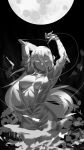  1girl absurdres arm_behind_head arms_up b_shan bodysuit breasts breasts_apart cowboy_shot greyscale hair_between_eyes highres large_breasts long_hair monochrome moon no_bra original parted_lips plunging_neckline prosthesis prosthetic_arm solo thread 