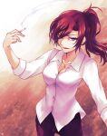  1girl aozaki_touko black_pants breasts cigarette cleavage collarbone collared_shirt commentary_request highres holding holding_cigarette jewelry kara_no_kyoukai lo_lis medium_breasts necklace pants ponytail red_eyes red_hair shirt signature sleeves_rolled_up smile smoke solo white_shirt 
