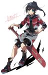  1boy bangs black_hair blue_eyes cosplay full_body holding holding_sword holding_weapon jacket long_hair looking_at_viewer monado mugimugis noah_(xenoblade) ponytail shulk_(xenoblade) shulk_(xenoblade)_(cosplay) simple_background smile solo sword weapon white_background xenoblade_chronicles_(series) xenoblade_chronicles_1 xenoblade_chronicles_3 