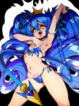  1girl absurdres armpits arms_up bikini blue_bikini blue_hair blue_tail bombergirl cameltoe covered_nipples crown drill_hair fangs flat_chest heart heart_tattoo highres lewisia_aquablue long_hair navel pointy_ears pubic_tattoo ribs shiny_skin slugbox solo standing sweat swimsuit tattoo tongue tongue_out twin_drills yellow_eyes 