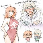  1boy 1girl ahoge bedivere_(fate) blush breasts chibi commentary contrapposto dress english_commentary english_text fate/grand_order fate_(series) flying_sweatdrops fujimaru_ritsuka_(female) green_eyes grey_hair halterneck hand_on_hip kulissara-aung large_breasts medium_hair one_side_up open_mouth orange_eyes orange_hair prosthesis prosthetic_arm red_dress short_dress sideboob sweat 