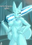  2023 absurd_res anthro areola big_breasts big_sword blue_areola blue_body blue_fur blue_nipples blue_sclera blush breasts detailed_background digital_media_(artwork) female fur genitals glowing glowing_body glowing_fur hand_on_hip hi_res looking_away low-angle_view melee_weapon nipples nude puffy_areola pupils pussy signature solo sword tail text the_heir_(tunic) translated tunic_(video_game) weapon white_pupils whitev 