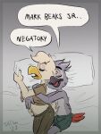  2023 african_grey afrotropical_parrot anthro arm_tuft avian bangs beak bed_sheet bedding belly_tuft bird boxer_briefs brown_clothing chest_tuft chicken clothing disney ducktales ducktales_(2017) duo eggnant elbow_tuft english_text eye_bags eyebrows eyes_closed feather_markings feathers galliform gallus_(genus) green_clothing grey_background grey_beak grey_body grey_feathers greying_hair gyro_gearloose hand_on_chest hand_on_stomach head_on_pillow head_tuft lighter_belly lying male male/male mark_beaks markings on_side orange_beak parrot phasianid pregnant pregnant_male red_tail red_tail_feathers shellyochunks shirt signature simple_background speech_bubble stripes sweatpants t-shirt tail tan_body tan_feathers text thick_eyebrows topwear trans_(lore) trans_man_(lore) true_parrot tuft underwear white_body white_feathers yellow_beak 