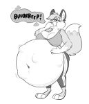  2022 abdominal_bulge anthro belly big_belly big_breasts blush bra breasts burping canid canine clothing covering covering_mouth dipstick_tail female fox hand_on_stomach mammal markings monochrome navel overweight overweight_female plantigrade solo sound_effects sweatpants tail tail_markings thick_thighs titsunekitsune underwear vore zera_(titsunekitsune) 