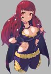  1girl bangs black_cape bodysuit breasts cape cleavage facial_mark fire_emblem fire_emblem_engage hair_ornament highres large_breasts long_hair looking_at_viewer pera red_eyes red_hair side_cutout simple_background smile solo star_(symbol) star_facial_mark star_hair_ornament yunaka_(fire_emblem) 