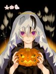  1girl androgynous artist_name black_hair black_nails closed_mouth emu_(marico_w) flower_(vocaloid) flower_(vocaloid4) food ghost_costume highres holding holding_food holding_pumpkin holding_vegetable hood looking_at_viewer multicolored_hair nail_polish pumpkin short_hair smile solo two-tone_hair underlighting vegetable vocaloid white_hair 