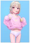  1girl blonde_hair blue_background border food_in_mouth highres long_sleeves looking_at_viewer makaino_ririmu multicolored_hair nijisanji no_pants panties pocky_in_mouth pointy_ears red_eyes sabamen short_hair simple_background solo streaked_hair underwear virtual_youtuber white_border white_panties 